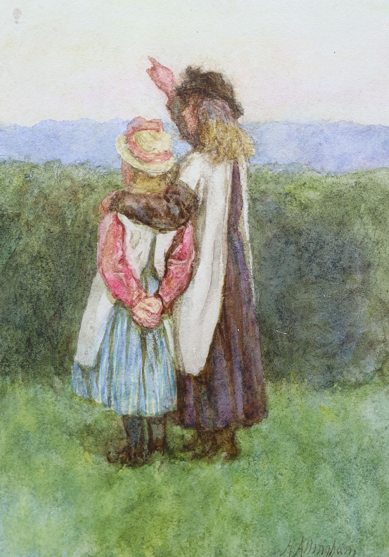 Helen Allingham (English, 1848-1926), 'Near the shore at Lynmouth', North Devon, 1874', two figures spotting an air balloon, watercolour, 16 x 11.5cm